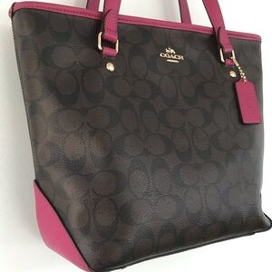 Coach City Tote Bag in Signature Coated Canvas with magenta leather accents